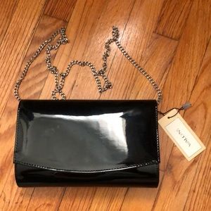 Wallyn black patent evening clutch with silver chain
